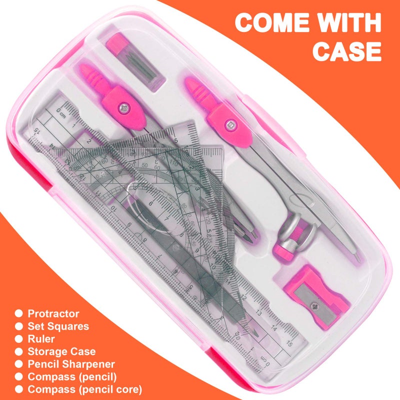 Akuoly Maths Compasses Full Starter Geometry Kit with 2 Drafting Compasses Protractor 2 Set Squares Ruler Pencil and More for Students Maths Study Homework etc. Pink - Image 2